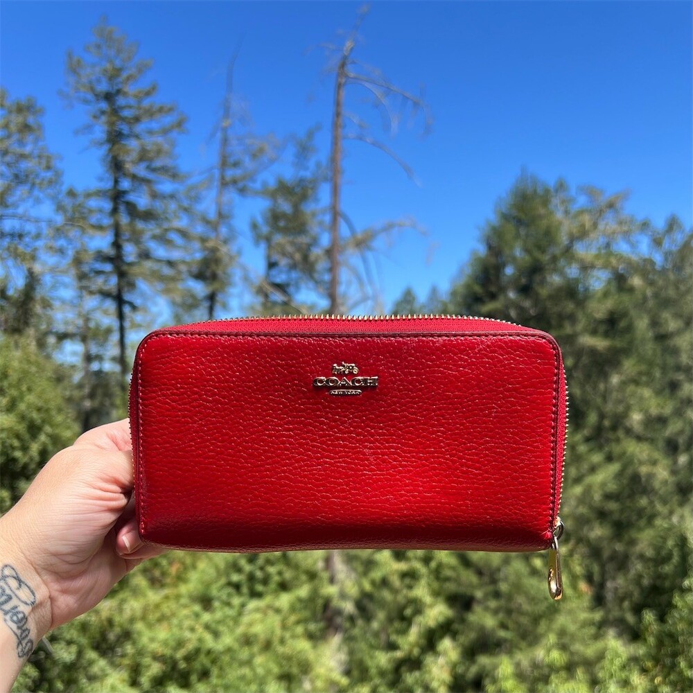 COACH Long Zip-Around Wallet Pebble Leather RED with Gold Hardware AUTHENTIC
